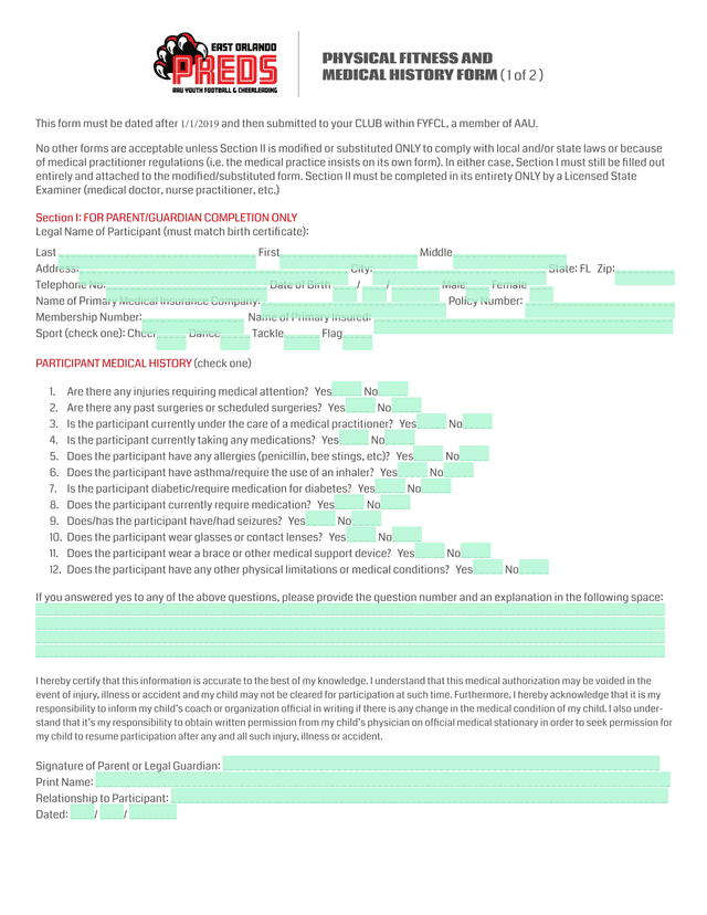 Youth Sports Medical History Form screenshot