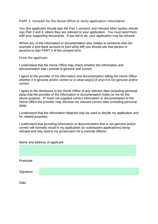 Home Office Consent For Verification Form screenshot
