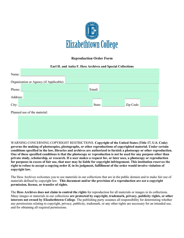 Reproduction Order Form screenshot