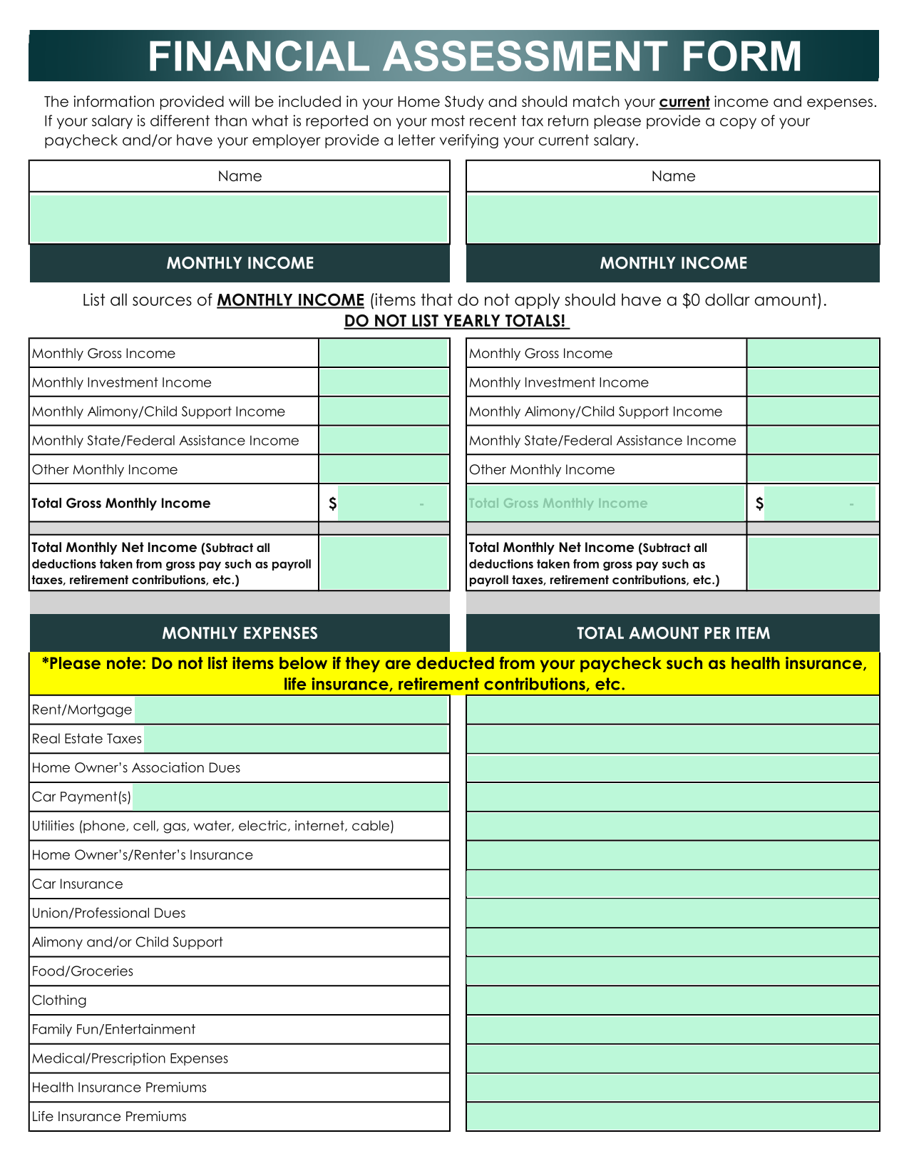 Financial Assessment Form screenshot
