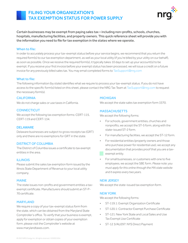 Tax Exemption Reference Sheet For Power Supply screenshot