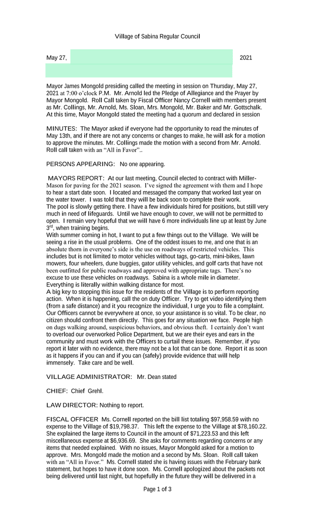 Village Of Sabina Regular Council Meeting Minutes screenshot