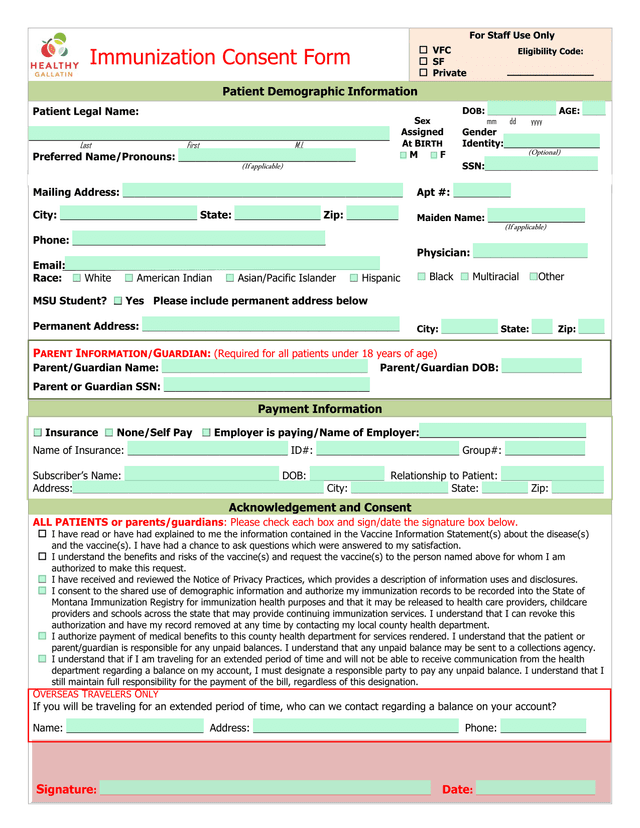 Immunization Consent Form screenshot