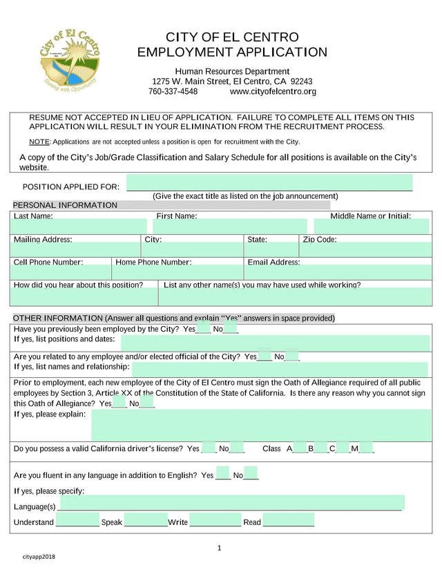 CITY OF EL CENTRO EMPLOYMENT APPLICATION screenshot