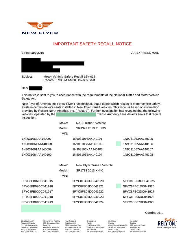 Motor Vehicle Safety Recall Notice 16V 038 screenshot