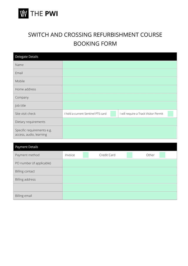SWITCH AND CROSSING REFURBISHMENT COURSE BOOKING FORM screenshot