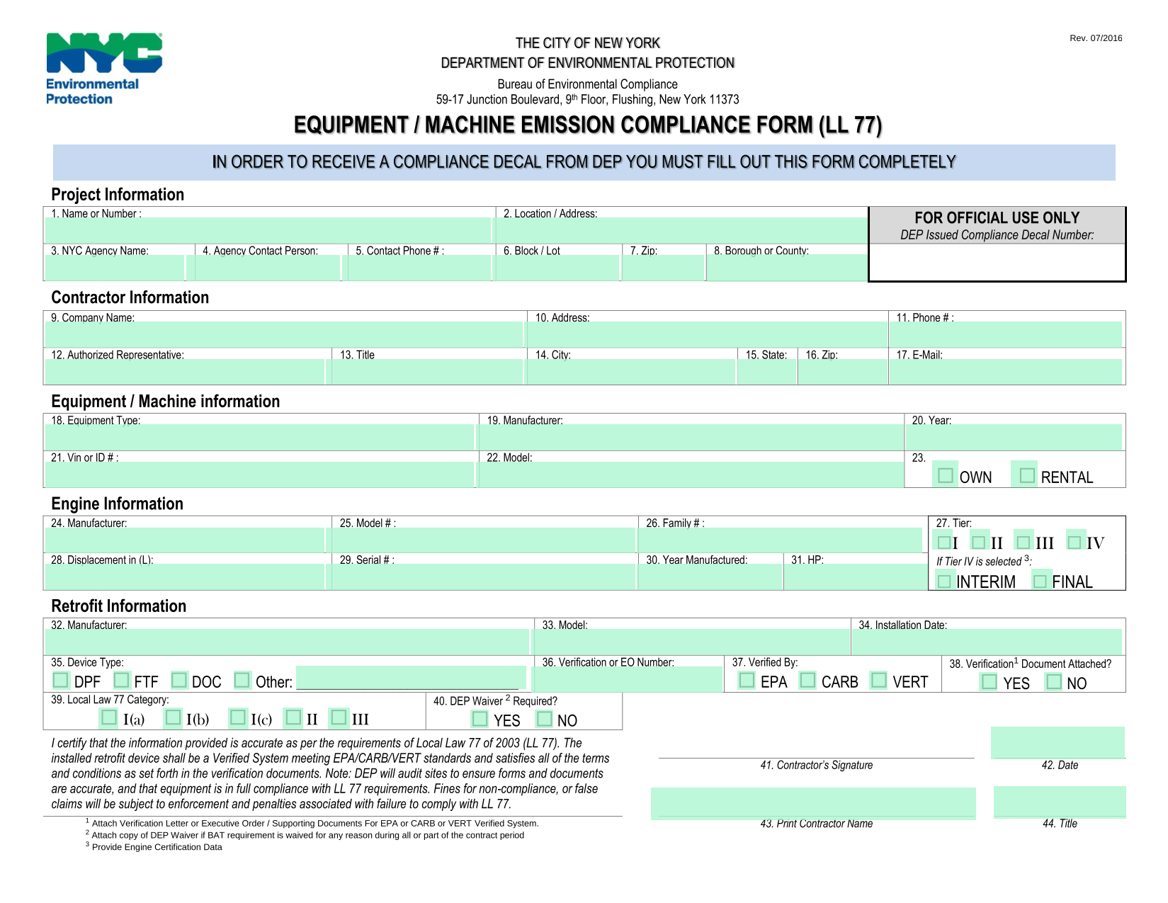 EQUIPMENT  MACHINE EMISSION COMPLIANCE FORM (LL 77) screenshot