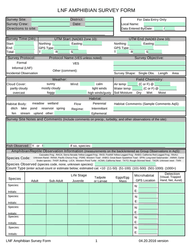 LNF Amphibian Survey Form screenshot
