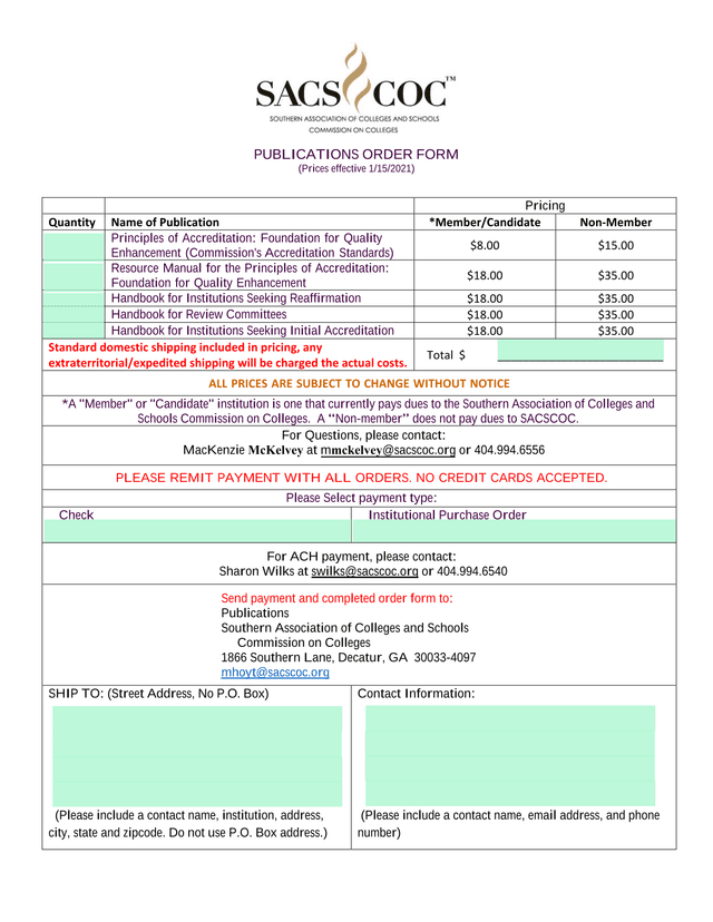 Publications Order Form screenshot