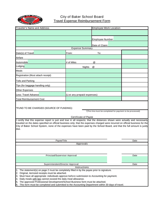 City Of Baker School Board Travel Expense Reimbursement Form screenshot