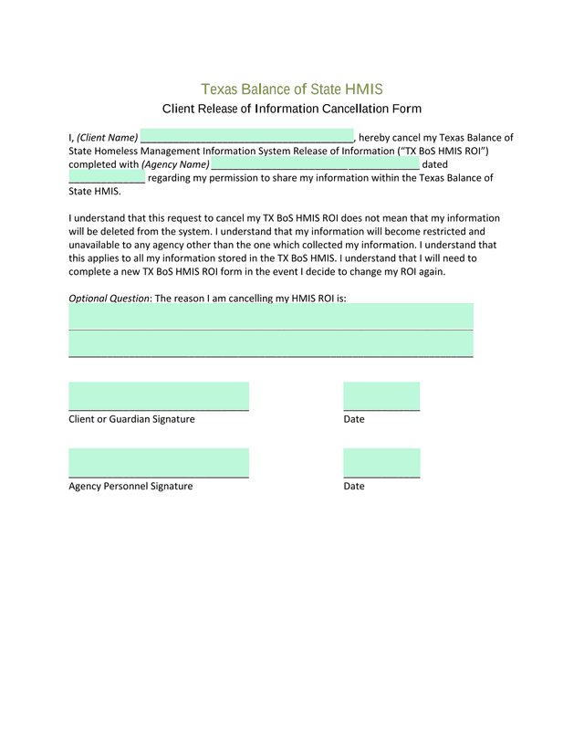Texas Balance Of State HMIS Client Release Of Information Cancellation Form screenshot