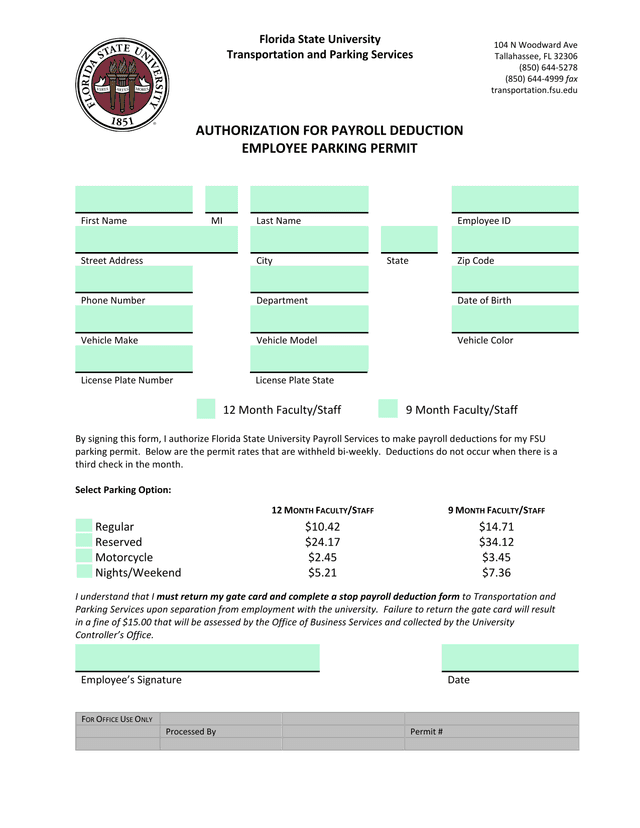 Authorization For Payroll Deduction   Employee Parking Permit screenshot