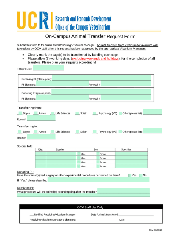 On Campus Animal Transfer Request Form screenshot