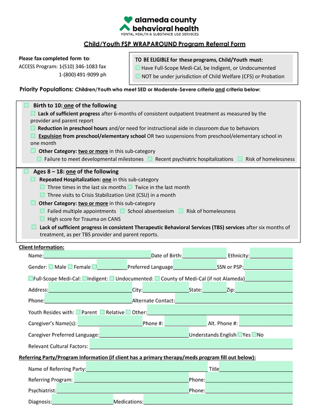 ChildYouth FSP WRAPAROUND Program Referral Form screenshot