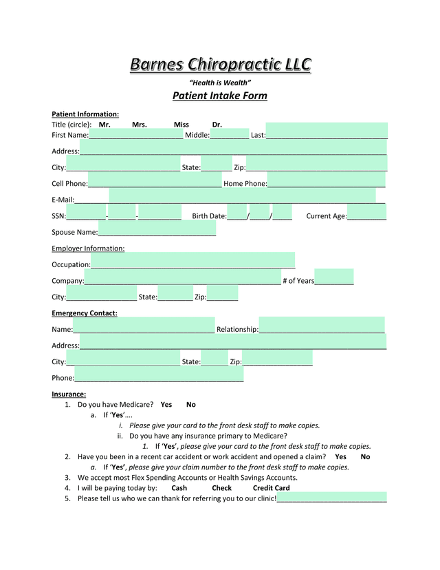 Health Is Wealth Patient Intake Form screenshot