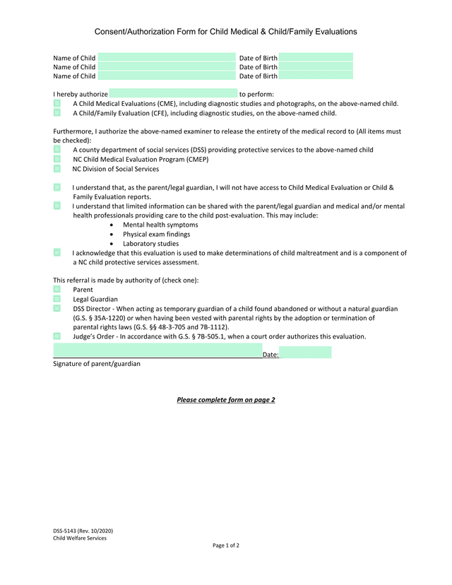 ConsentAuthorization Form For Child Medical  ChildFamily Evaluations screenshot