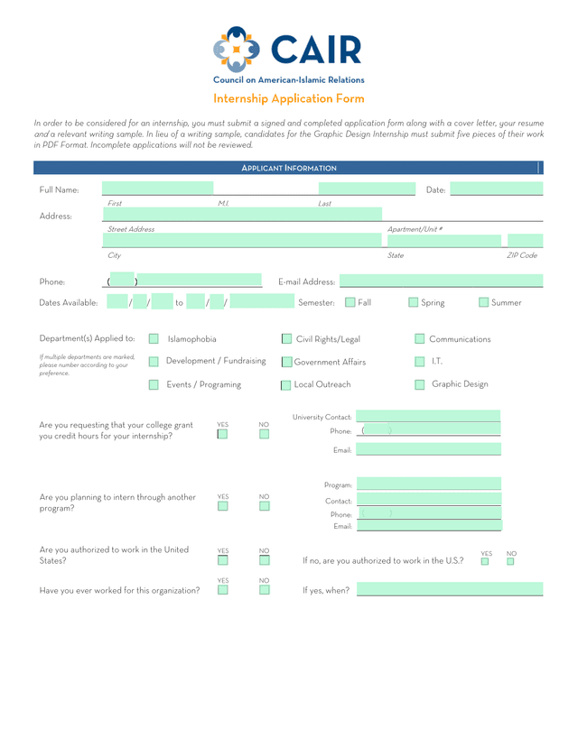 Internship Application Form screenshot