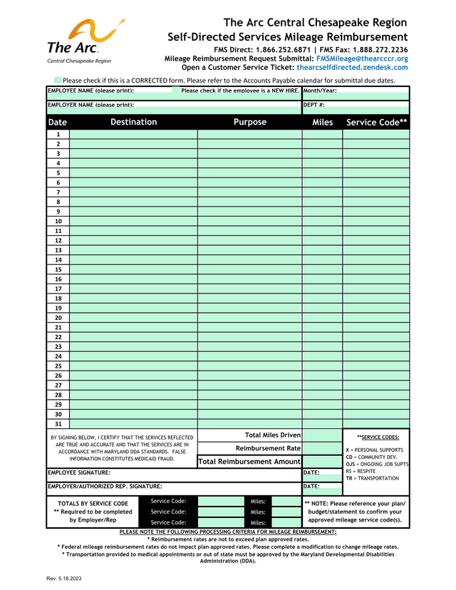 Self Directed Services Mileage Reimbursement screenshot