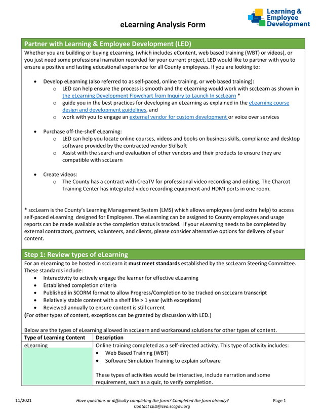 ELearning Analysis Form screenshot