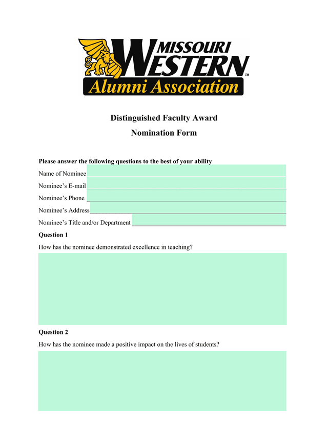 Distinguished Faculty Award Nomination Form screenshot