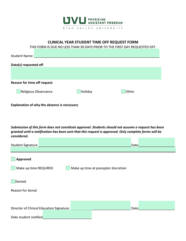 CLINICAL YEAR STUDENT TIME OFF REQUEST FORM screenshot