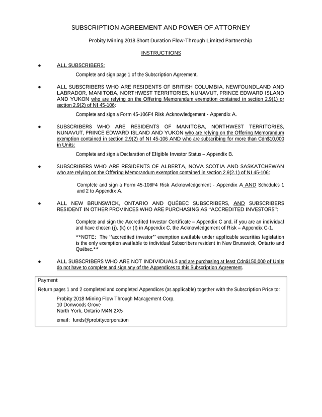 Subscription Agreement And Power Of Attorney For Probity Mining 2018 Short Duration Flow Through Lim screenshot