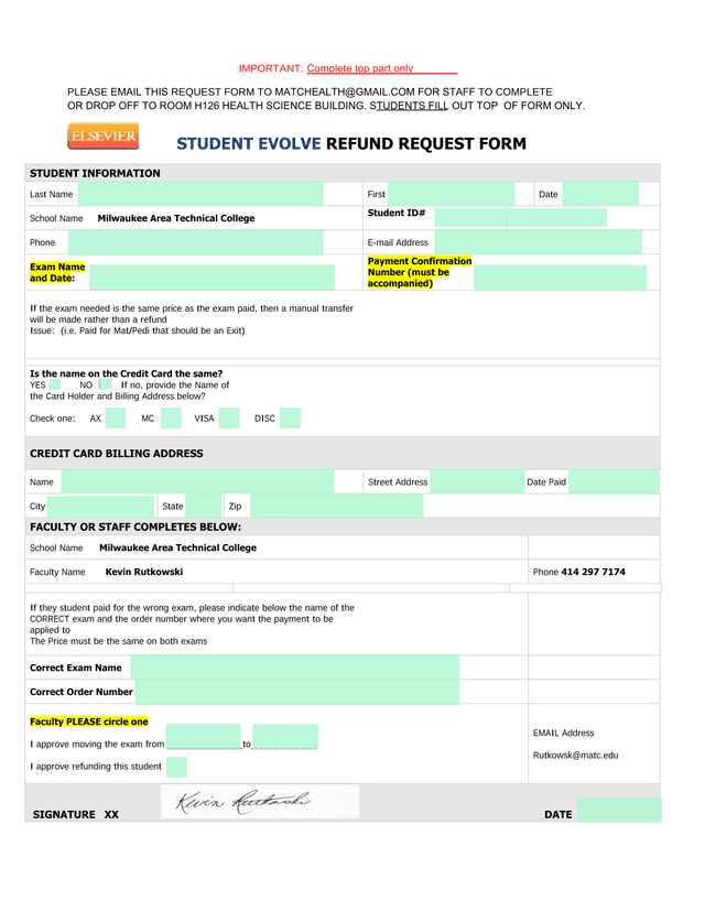 Student Evolve Refund Request Form screenshot