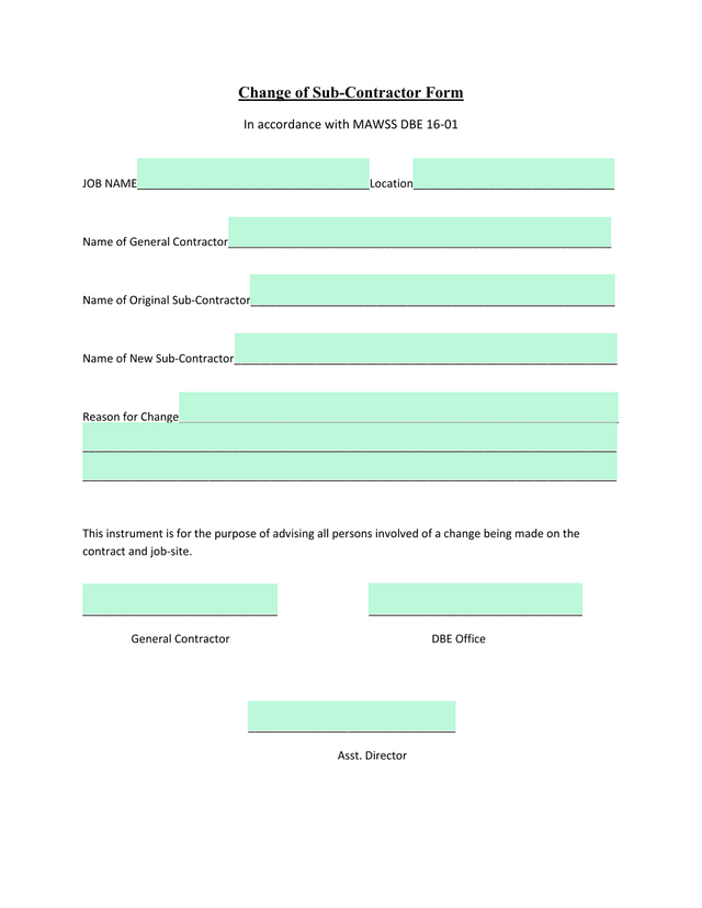 Change Of Sub Contractor Form screenshot
