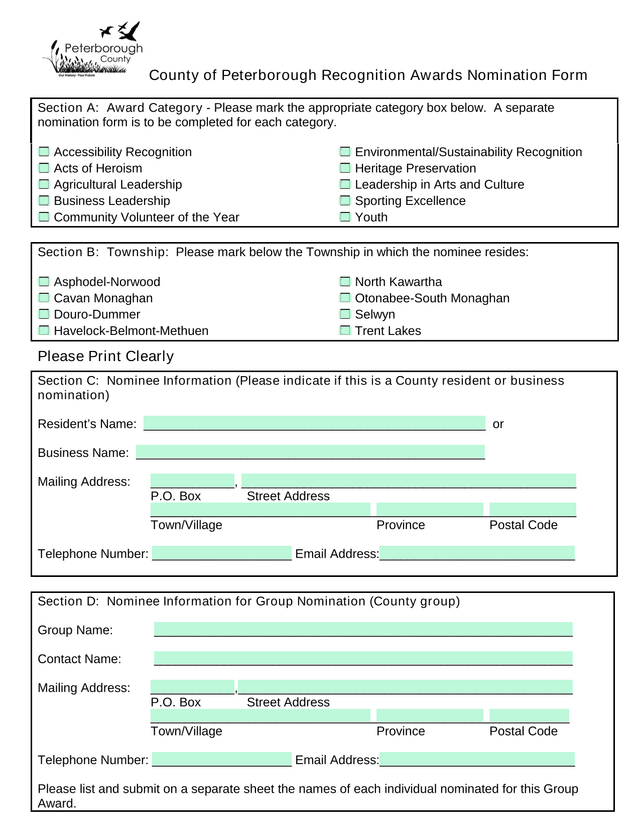 County Of Peterborough Recognition Awards Nomination Form screenshot