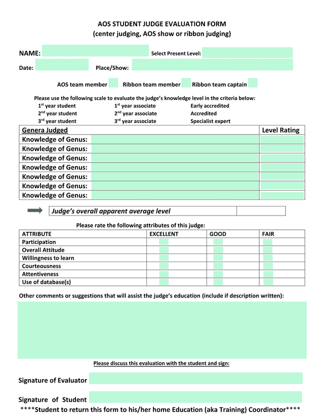 AOS Student Judge Evaluation Form screenshot