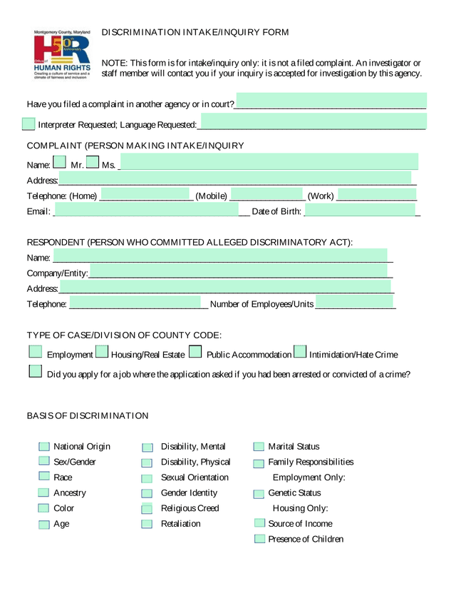 DISCRIMINATION INTAKEINQUIRY FORM screenshot