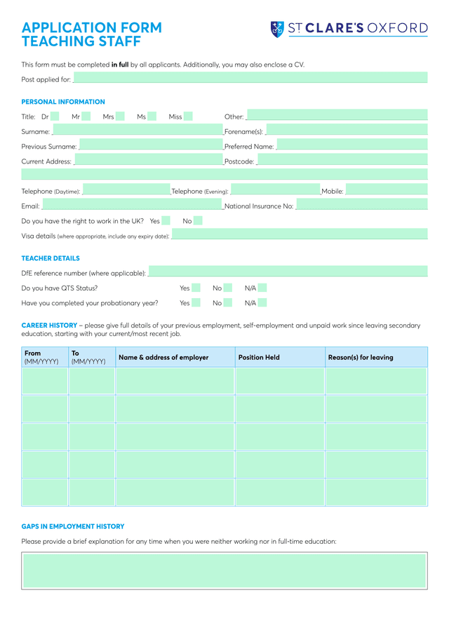 APPLICATION FORM TEACHING STAFF screenshot
