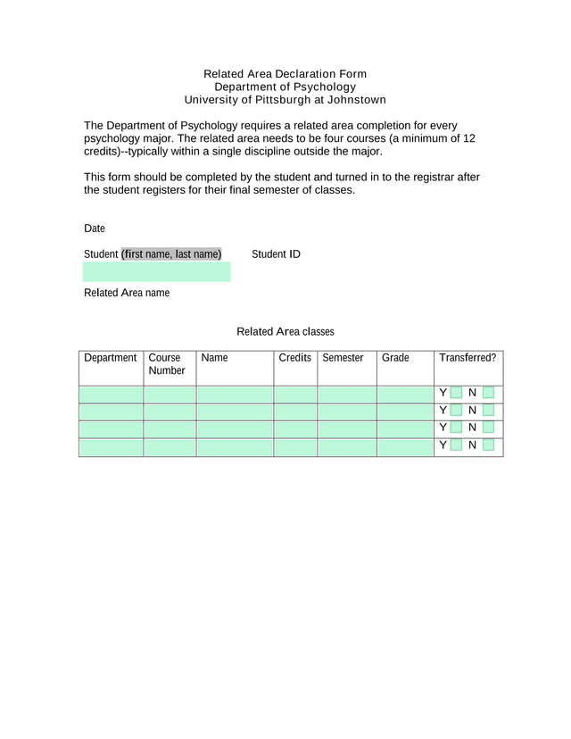 Related Area Declaration Form screenshot