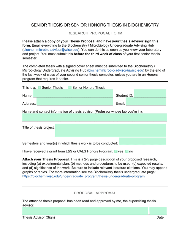 Senior Thesis Or Senior Honors Thesis In Biochemistry Research Proposal Form screenshot