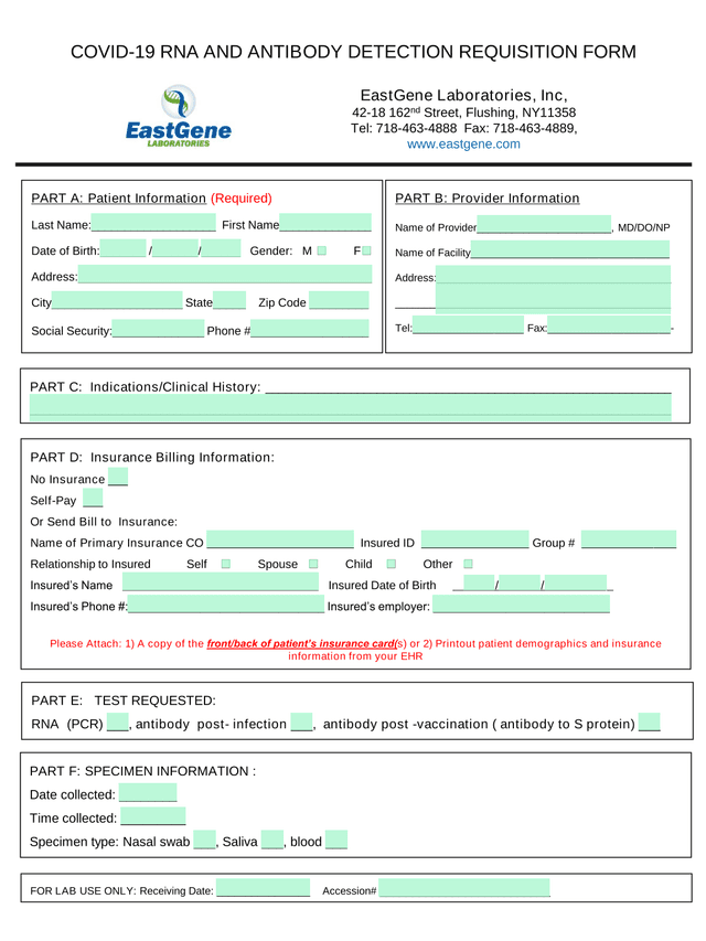 COVID 19 RNA AND ANTIBODY DETECTION REQUISITION FORM screenshot