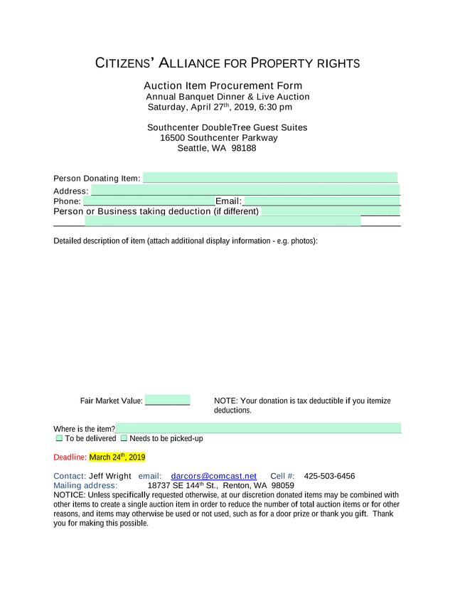 Auction Item Procurement Form screenshot