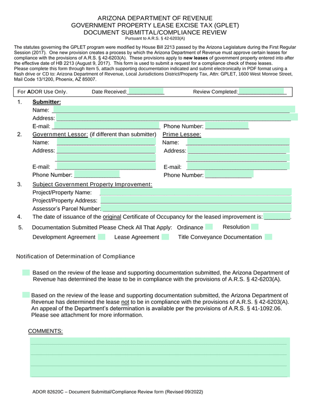 ADOR 82620C  Document SubmittalCompliance Review Form screenshot
