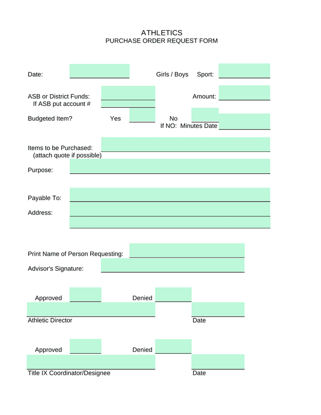 ATHLETICS PURCHASE ORDER REQUEST FORM screenshot