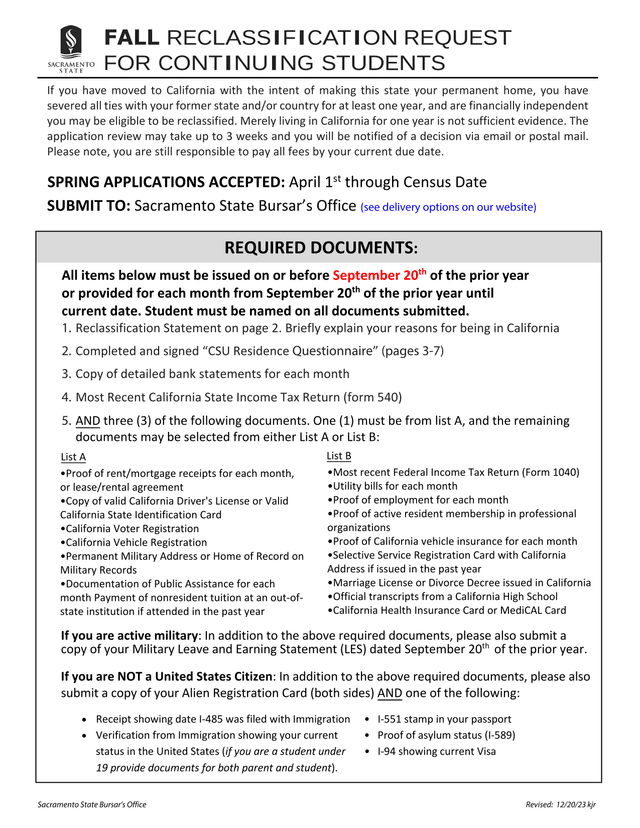 Fall Reclassification Request For Continuing Students screenshot