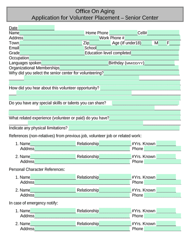 Application For Volunteer Placement  Senior Center screenshot
