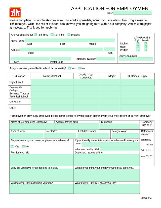 APPLICATION FOR EMPLOYMENT screenshot