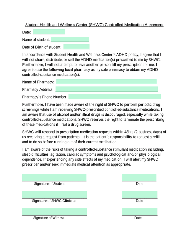 Student Health And Wellness Center (SHWC) Controlled Medication Agreement screenshot