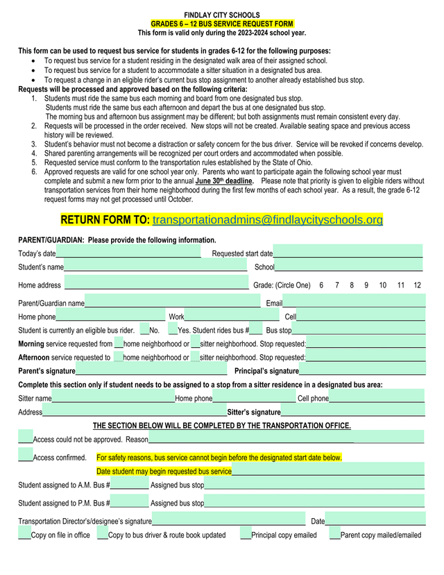 FINDLAY CITY SCHOOLS GRADES 6  12 BUS SERVICE REQUEST FORM screenshot