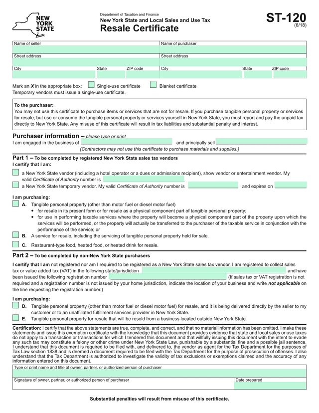 New York State And Local Sales And Use Tax Resale Certificate screenshot