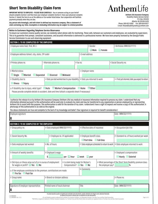 Short Term Disability Claim Form screenshot