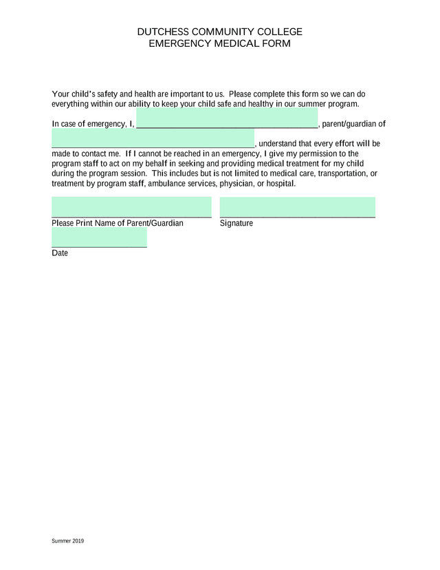 DUTCHESS COMMUNITY COLLEGE EMERGENCY MEDICAL FORM screenshot
