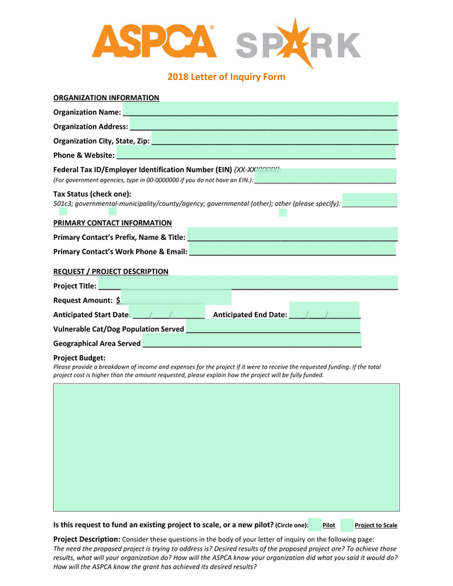 2018 Letter Of Inquiry Form screenshot