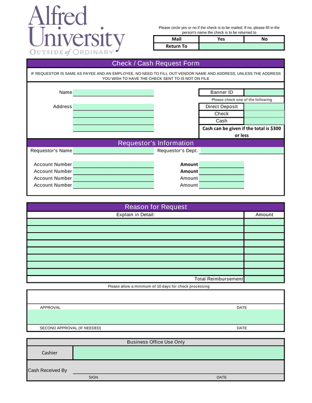 Check  Cash Request Form screenshot