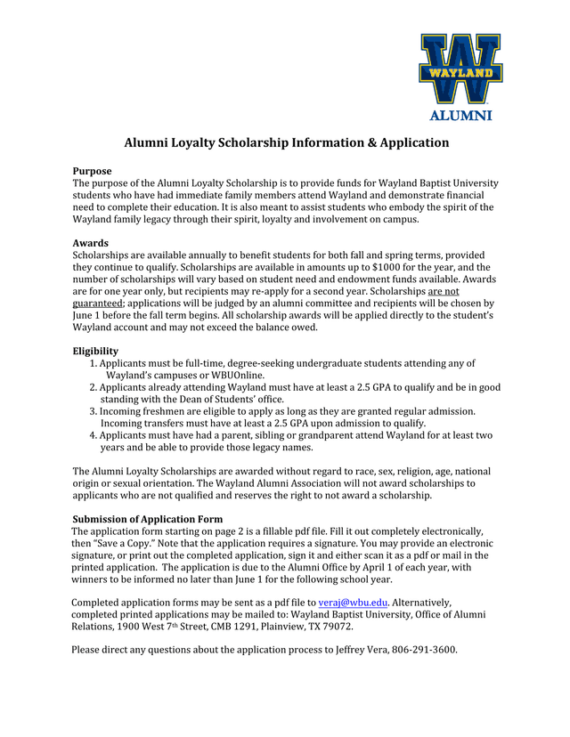 Alumni Loyalty Scholarship Information  Application screenshot