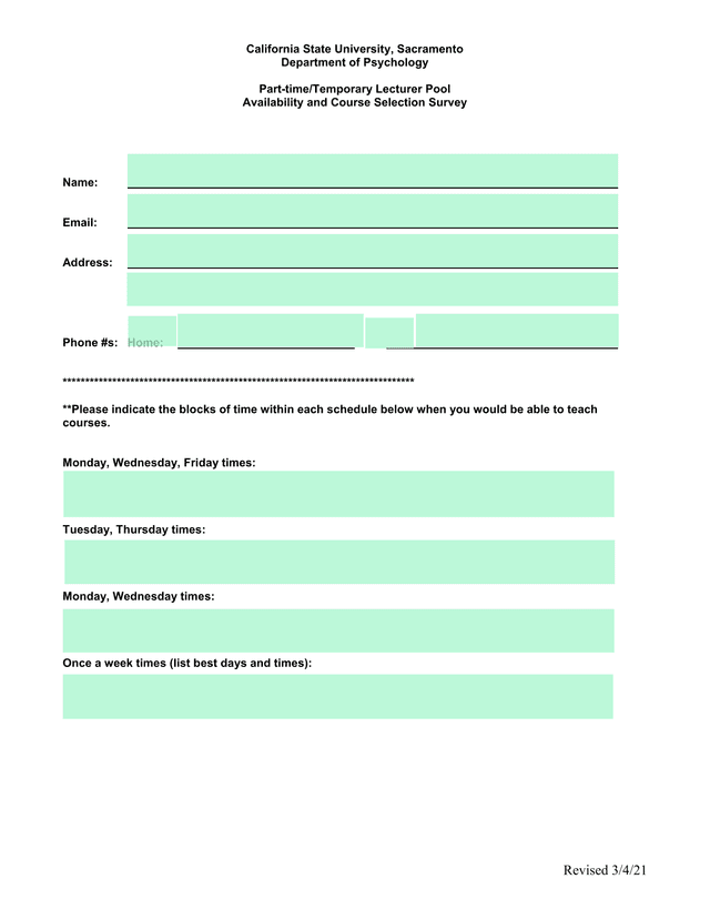 Part TimeTemporary Lecturer Pool Availability And Course Selection Survey screenshot